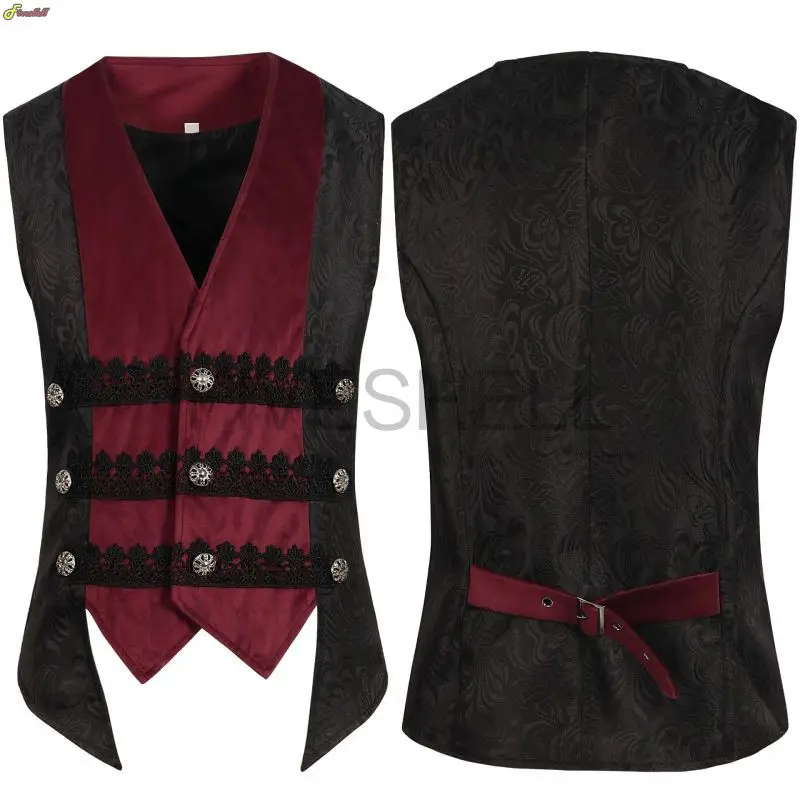 New Men's Victorian Gothic Suit Cosplay Vest Medieval Steampunk Patchwork Jacquard Single Breasted Waistcoat Halloween Costume 1