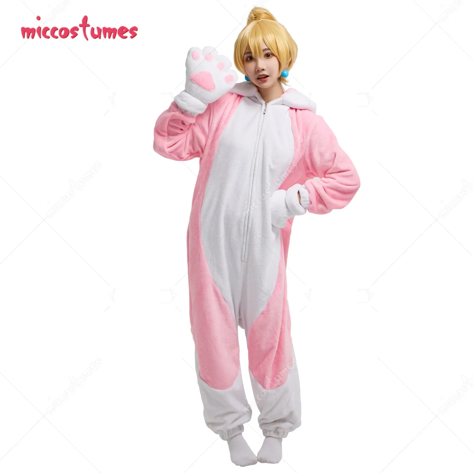 Miccostumes Women  Peach Derivative Cat Pink Onesie Pajama Adult Onesie Homewear Kigurumi Hooded Loungewear Costume Outfits 1