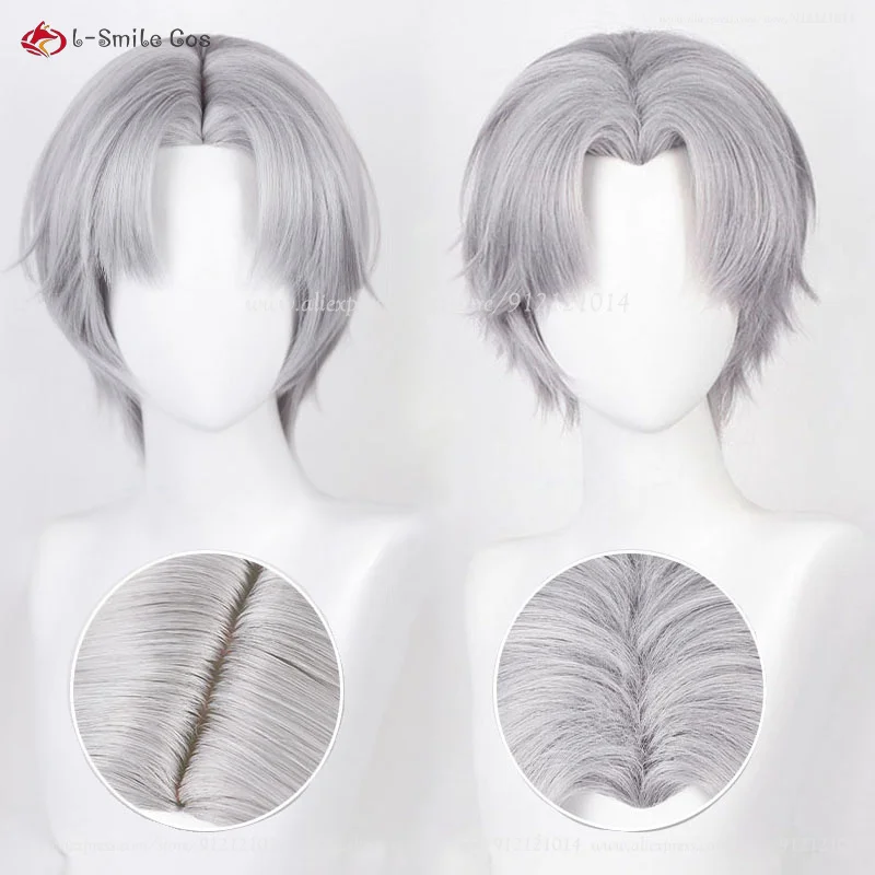 Anime 33cm Short Straight Cosplay Silver Gray Wigs Man Women Heat Resistant Synthetic Hair Halloween Party Unisex Wigs + Wig Cap 1