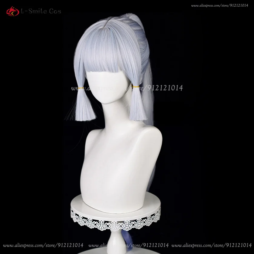 Kamisato Ayaka Cosplay Perücke 75cm lang Silber Blau mit Zopf Hitzebeständige Synthetikhaar Perücke Cosplay Kostüm 6