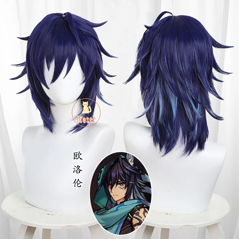 Genshin Impact Ororon Cosplay Wig Game Dark Blue Short Hair Natlan Halloween Party for Women Men Role Play Prop Accessory iCoser 1