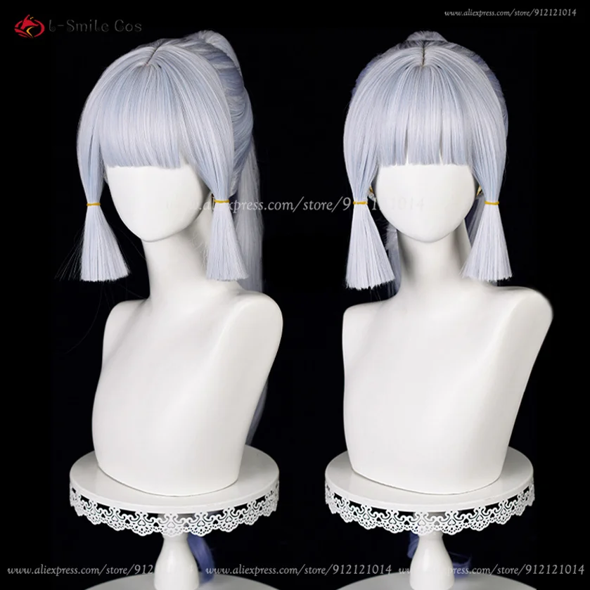 Kamisato Ayaka Cosplay Perücke 75cm lang Silber Blau mit Zopf Hitzebeständige Synthetikhaar Perücke Cosplay Kostüm 3