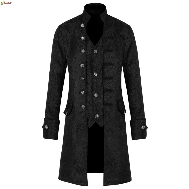 Men's Gothic Jacquard Groom Tailcoat Medieval Party Cos  Victorian Era Frock Coat Steampunk Renaissance Uniform Black 1