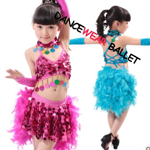Mädchen Kinder Pailletten Glitzer Feder Salsa Samba Tango Ballroom Latein Tanzkleid Kostüm Rock Vestidos De Baile 2