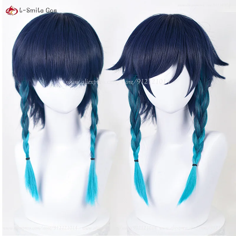 Neue Venti Cosplay Perücke Barbatos Venti 42cm Kurz Blau Gradient Hitzebeständige Synthetische Haar Party Perücken + Perücken Kappe 3
