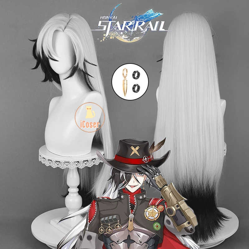 Boothill Cosplay Wig Honkai Star Rail 92CM Gray Black Long Hair Earrings Galaxy Ranger Halloween Party for Women Men Prop iCoser 1