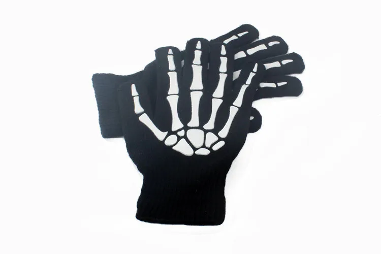 Neue Punk Handschuhe Unisex Halloween Skelett Skull Full Finger Glow In The Dark Fingerlose Strick Winter Kostüme 3