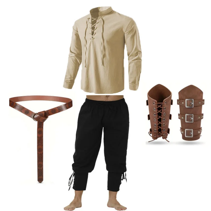 4Pcs Men's Medieval Knight Costume Set Renaissance Cosplay Pirate Shirts Ankle Banded Pants For Halloween Cotton Linen Fabric 1