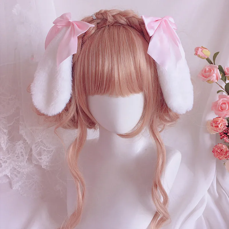 Women Girls Plush Lop Ears Rabbit Hair Clip Kawaii Bunny Ears Hairpin Candy Color Ribbon Bowknot Lolita Cosplay Hair Accessories 1