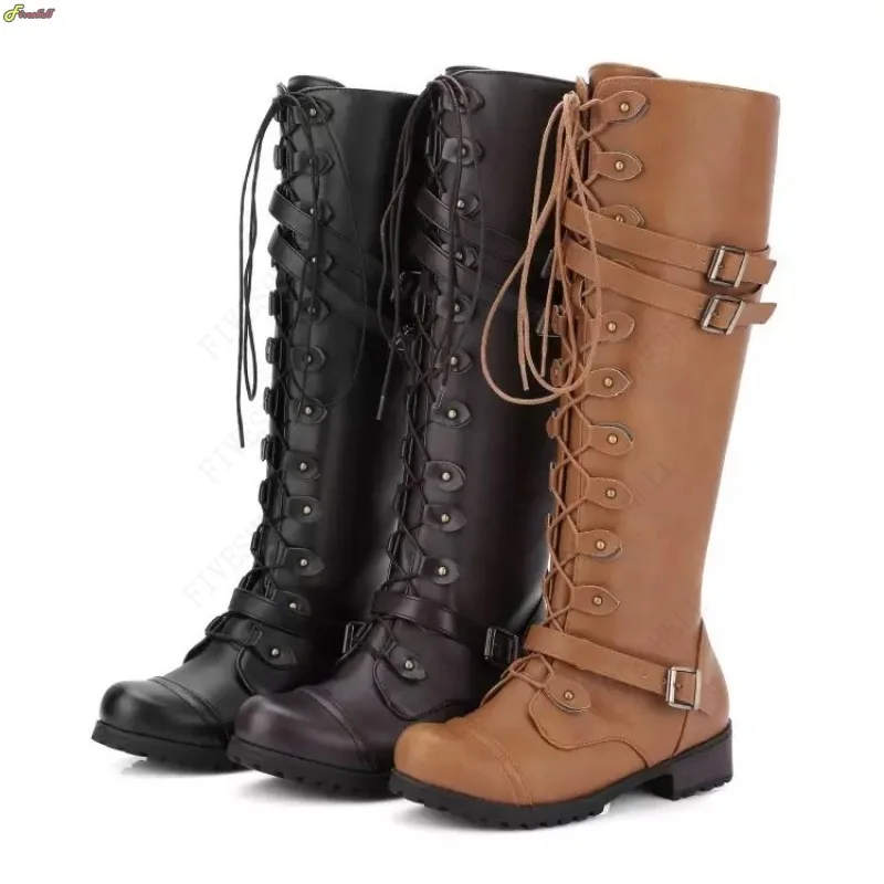 Women Medieval Knee High Boots Autumn Winter Lace Up Flat Shoes Sexy Steampunk PU Retro Buckle Shoes Ladies Snow Boots Cosplay 1