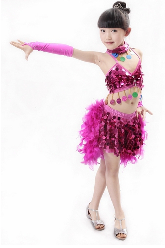 Mädchen Kinder Pailletten Glitzer Feder Salsa Samba Tango Ballroom Latein Tanzkleid Kostüm Rock Vestidos De Baile 7