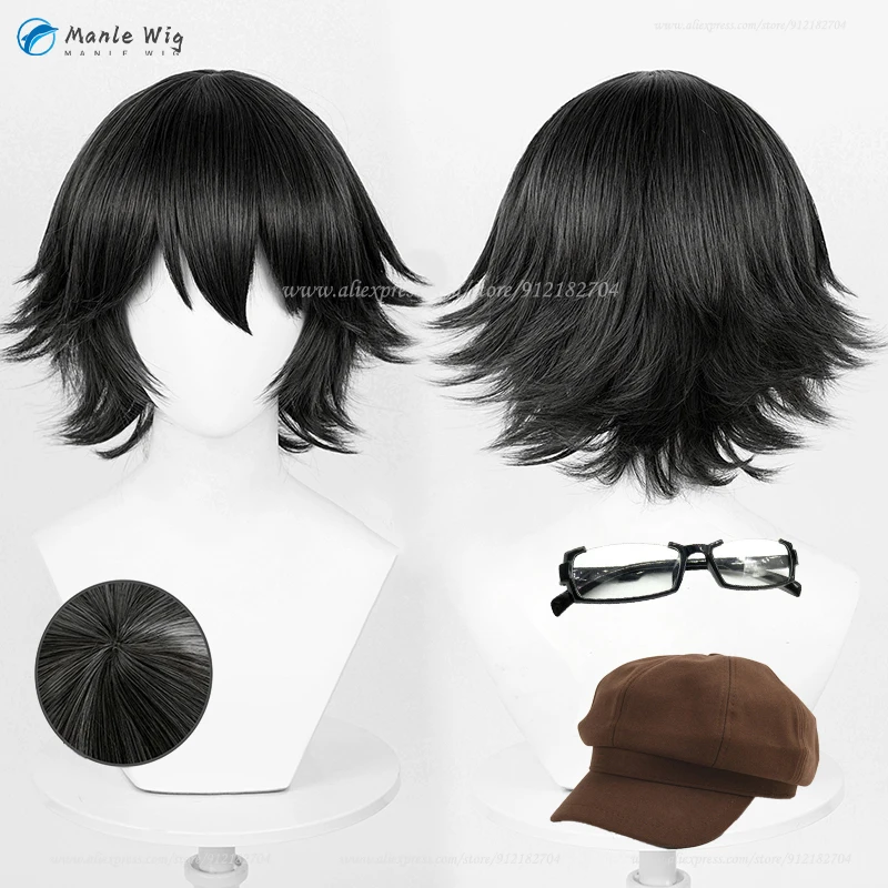 High Quality Ranpo Edogawa Wigs 30cm Short Black Edogawa Ranpo Cosplay Wig With Cosplay Glasses Hat Props Party Wigs + Wig Cap 1