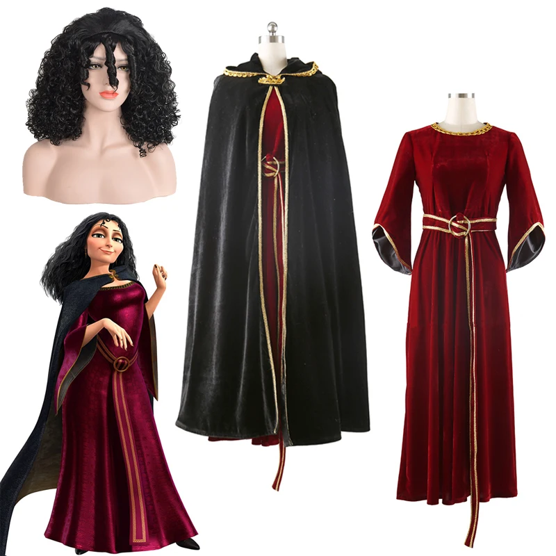 High Quality Full sets Halloween Movie Rapunzel Mother Gothel Cosplay Costum handsel Black Curly Wig 1