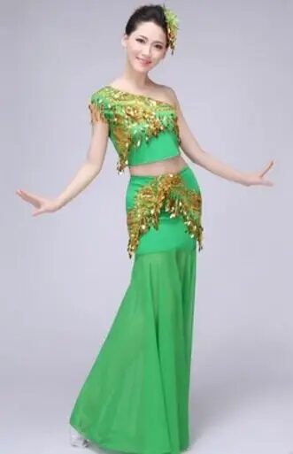 New Chinese Traditional Dress Girls Women Dai National Folk Fan Dance Costume Long Mermaid Peacock Dance Costume Dress 9