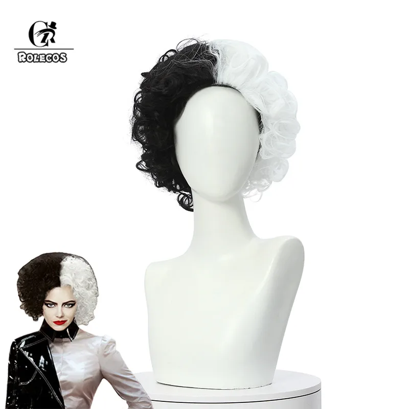 ROLECOS Cruella Cosplay Wig Black White Short Cosplay Wig Women Curly 25cm Headwear Halloween Heat Resistant Synthetic Hair 1