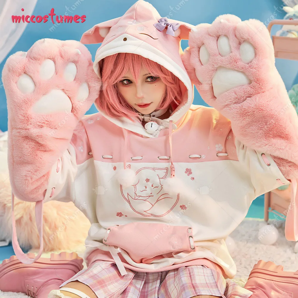 Damen Yae Miko Pullover Hoodie mit abnehmbarer Tasche Furry Cat Paw Handschuhe Fox Style Sweatshirt 4