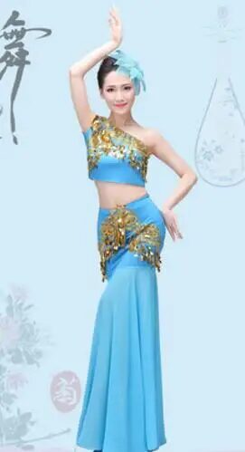 New Chinese Traditional Dress Girls Women Dai National Folk Fan Dance Costume Long Mermaid Peacock Dance Costume Dress 7