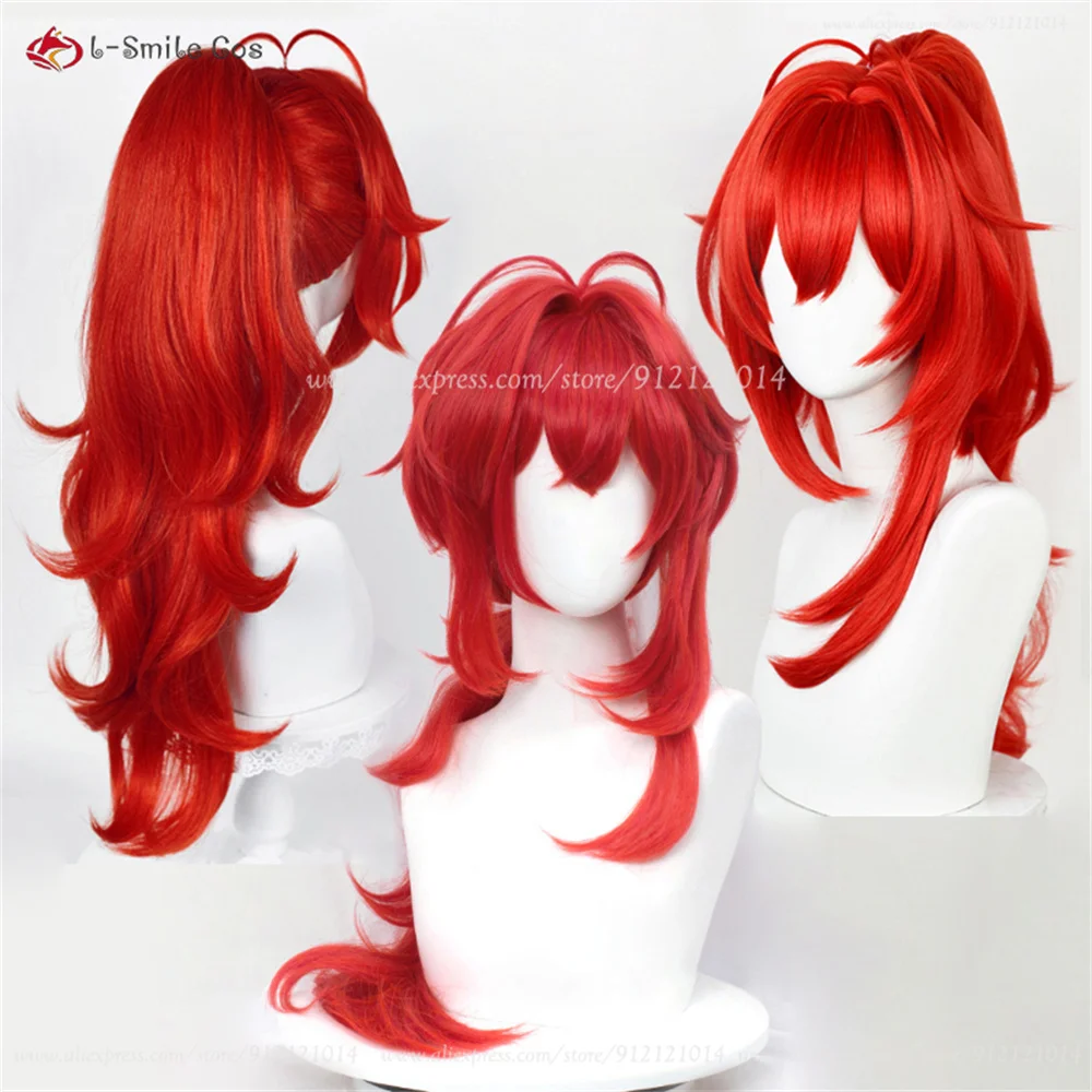 3 Styles Diluc Ragnvindr Cosplay Wig Red Anime Cosplay Wig With Ponytail Heat Resistant Synthetic Hair Halloween + Wig Cap 1