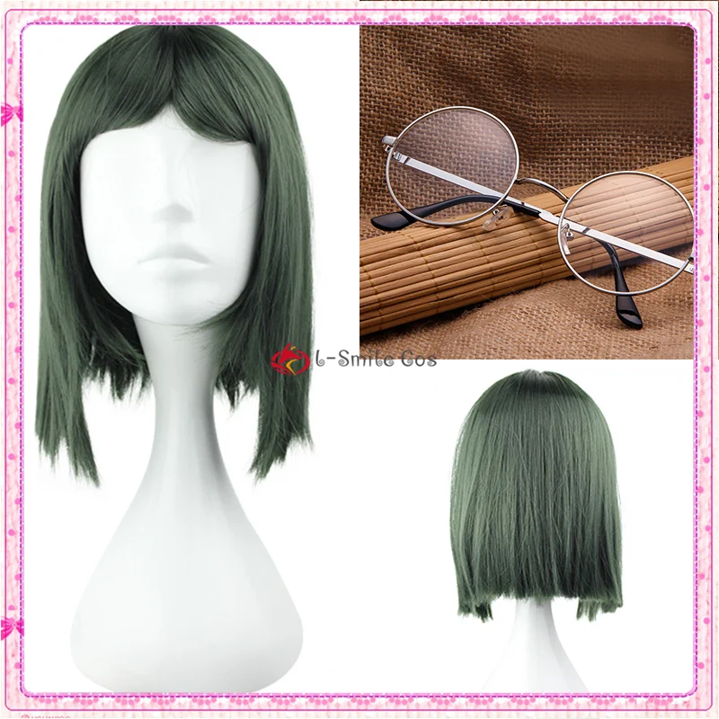 Anime The Promised Neverland Gilda Short Green Cosplay Wig With Glasses Heat Resistant Synthetic Hair Wigs + Wig Cap 1