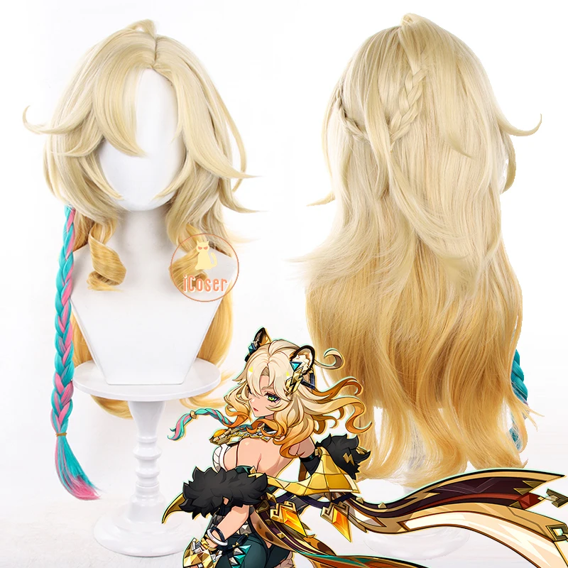 Xilonen Cosplay Wig Genshin Impact Long Blonde Hair Pink Blue Braid Natlan Halloween Party for Women Girls Props Carnival iCoser 1