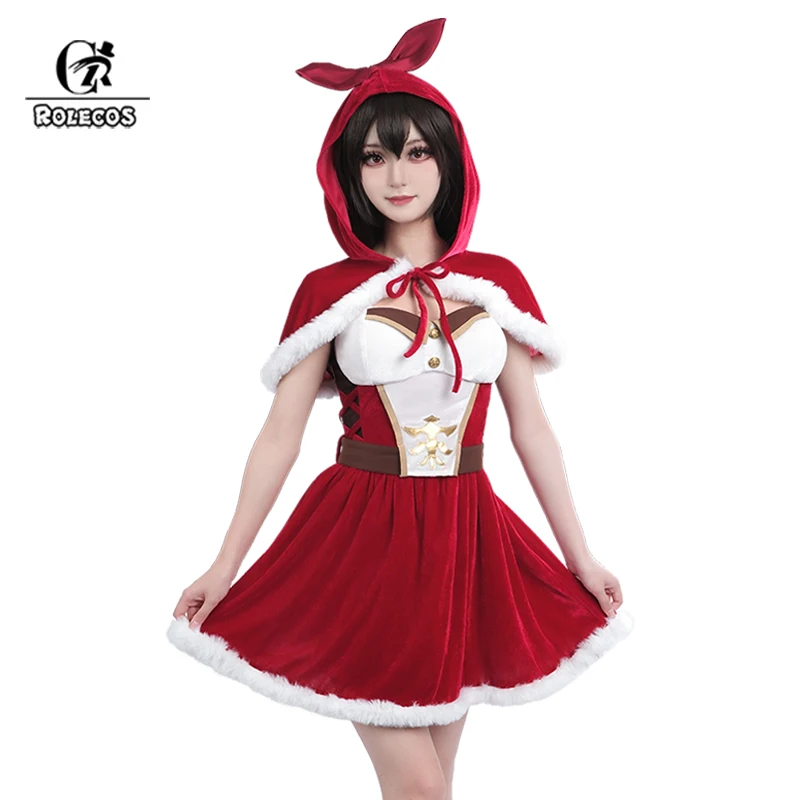 ROLECOS Amber Christmas Costume Genshin impact Amber Sexy Cute Women Autumn Winter Cosplay Costume Red Plush Evening Dress 1