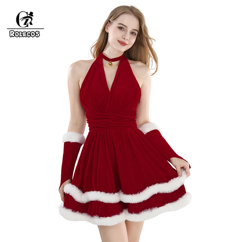 ROLECOS Red Christmas Dress Cosplay Costume Sexy Women Festival Party Uniform Women Red Plush Suit Roleplay Outfit Fullset 1