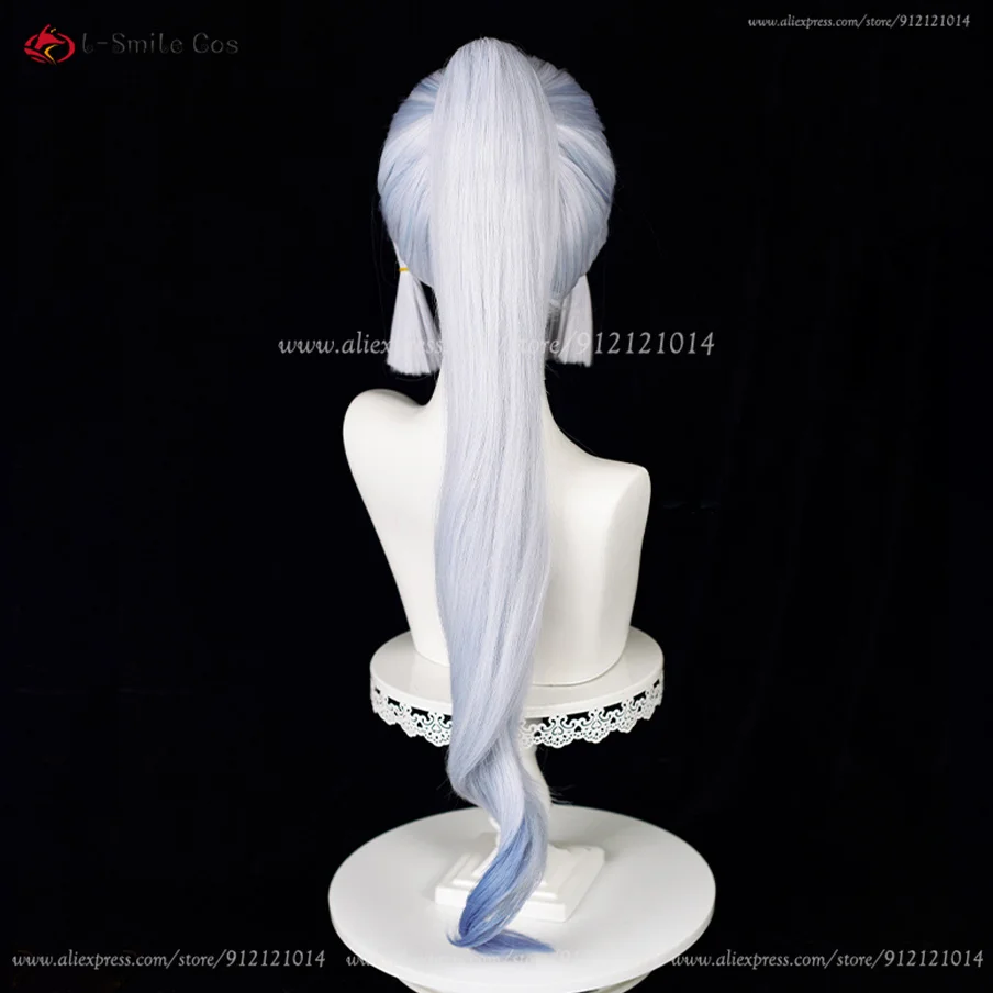 Kamisato Ayaka Cosplay Perücke 75cm lang Silber Blau mit Zopf Hitzebeständige Synthetikhaar Perücke Cosplay Kostüm 8