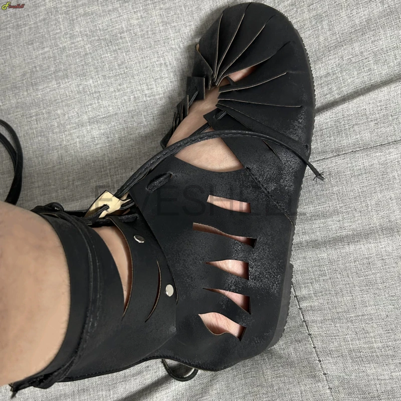 Women Medieval Gothic Vintage Boots Halloween Elf Witch Leaves Lace Up Shoes Cosplay Costume Vintage Strappy Flat Sandals Summer 1