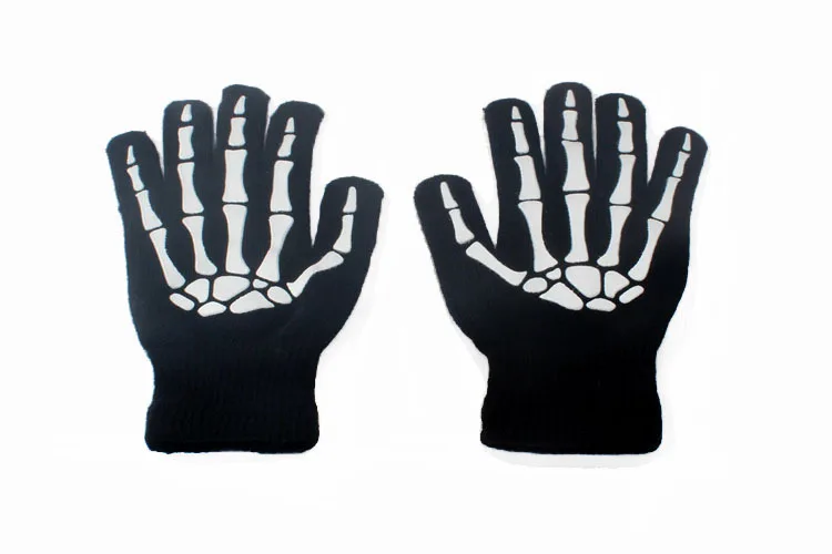 Neue Punk Handschuhe Unisex Halloween Skelett Skull Full Finger Glow In The Dark Fingerlose Strick Winter Kostüme 1