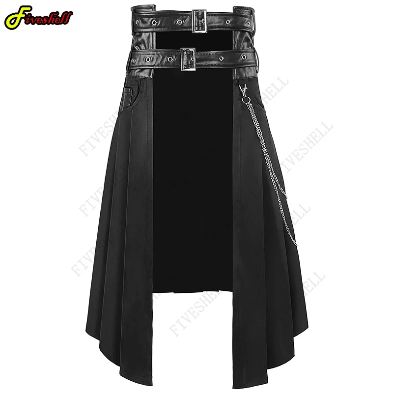 Adult  Men's Gothic Punk Pleated Skirt Open Front Leather Belt Medieval Roman Warrior Kilt Metal Chian Harujuku Stylish Clothing 1