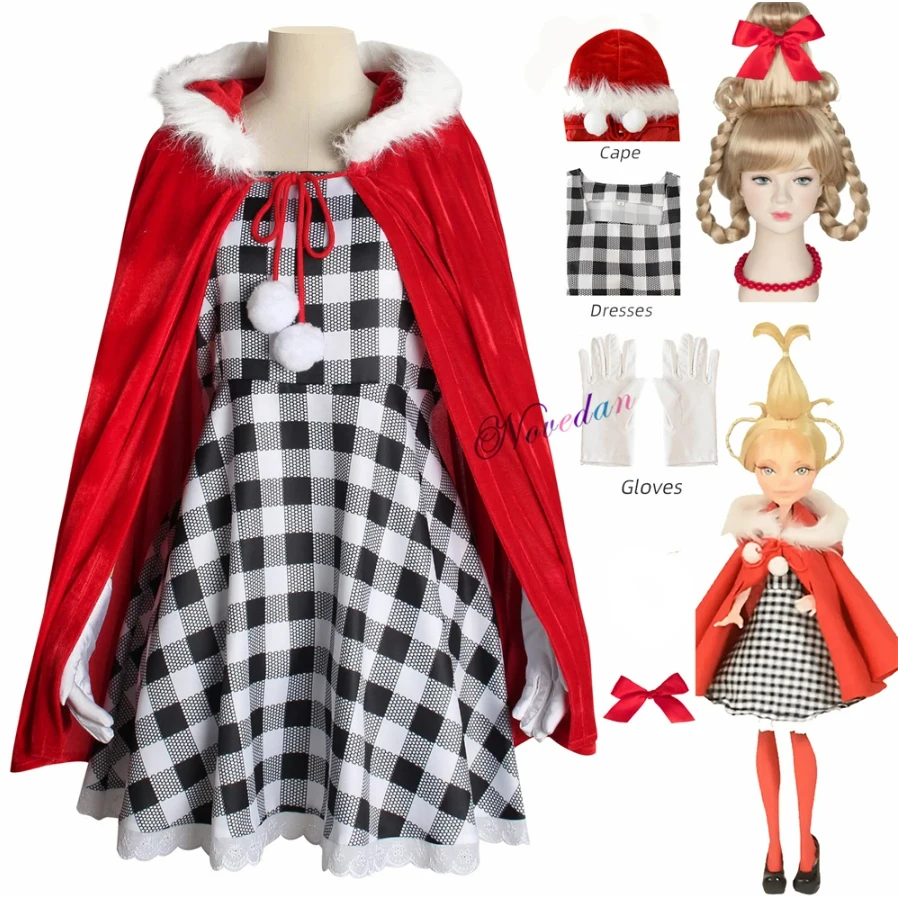 Cindy Lou Who Coaplay Costume Red Hood Cloak Plaid Dress Green Braid Wig Monster Cosplay Costume Christmas Outfit Women Girls 1