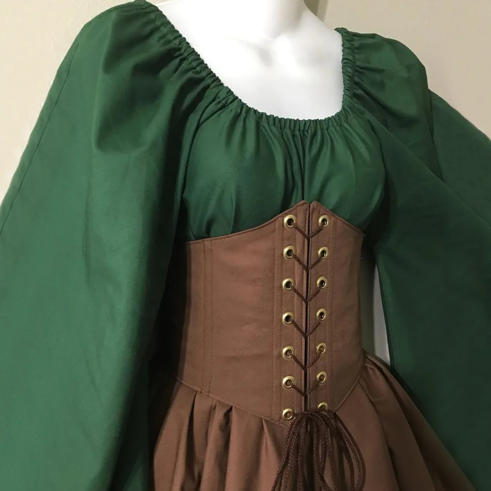 Elfenkostüm mit Korsett und Kleid im mittelalterlichen Stil 6 S-5XL Adult Women Medieval Elf Fairy Elven Costume Wench Celtic Princess Dress Lace Up Waist Cincher Corset Set Jagged Dresses 6