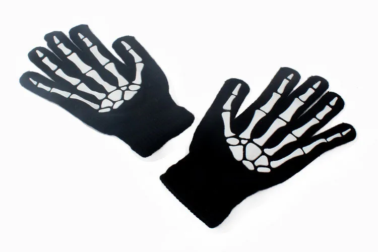 Neue Punk Handschuhe Unisex Halloween Skelett Skull Full Finger Glow In The Dark Fingerlose Strick Winter Kostüme 4
