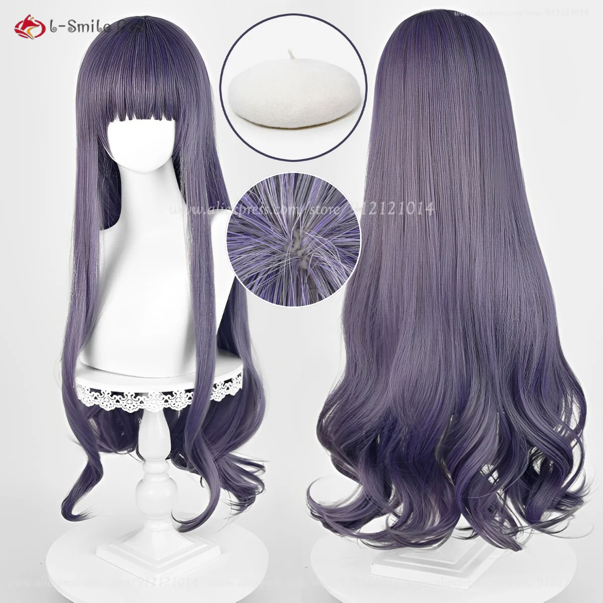 Anime Tomoyo Daidouji Cosplay Wig 85cm Purple Gray Cruly Women Wig Heat Resistant Synthetic Hair Halloween Party Wigs + Wig Cap 1