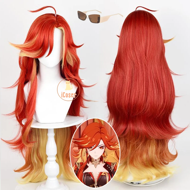 Genshin Impact Mavuika Cosplay Wig Red Yellow Long Hair Sunglasses God of War Natlan Halloween Party for Women Girls Prop iCoser 1