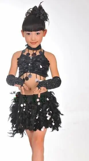 Girls Kids Sequin Glitter Bling Feather Salsa Samba Tango Ballroom Latin Dance Dress Latina Costume Skirts Vestidos De Baile 9