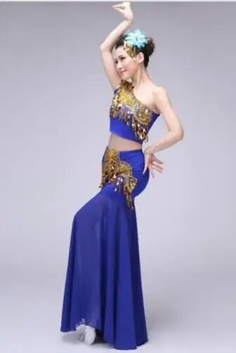New Chinese Traditional Dress Girls Women Dai National Folk Fan Dance Costume Long Mermaid Peacock Dance Costume Dress 8