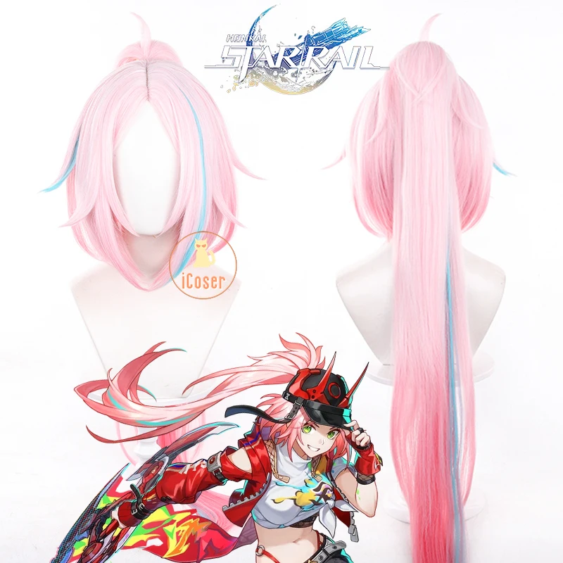 iCoser Honkai Star Rail Rappa Cosplay Wig Pink Long Ponytail Galaxy Ranger Game Props Halloween Party for Women Girls Accessory 1