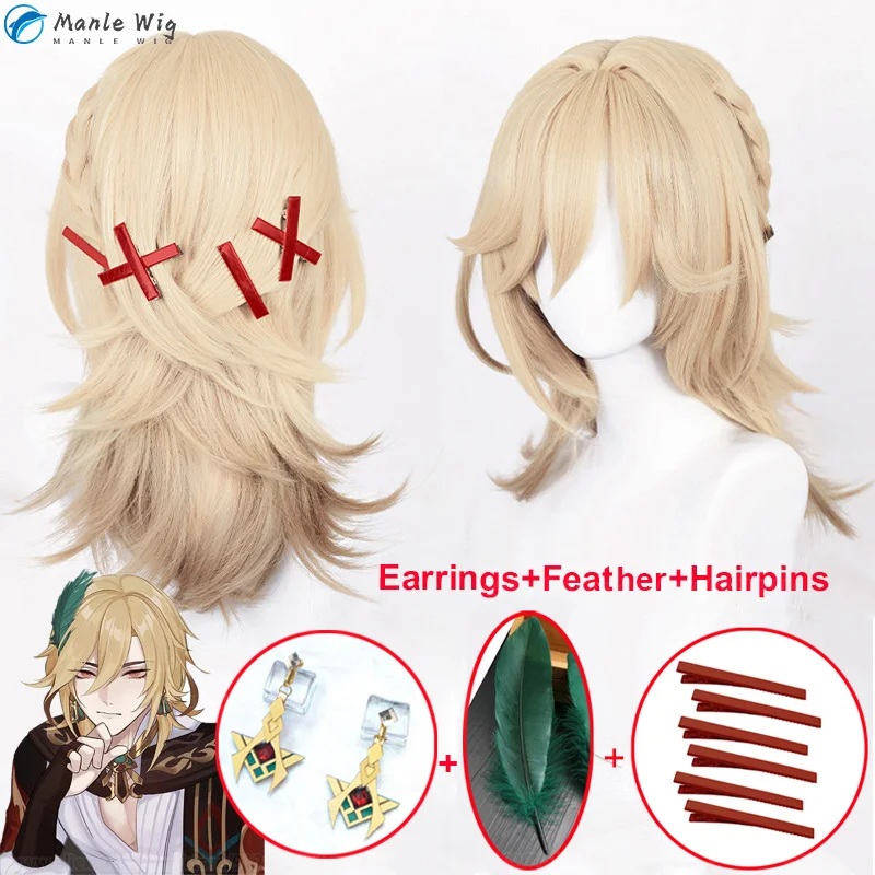 50cm Long Kaveh Genshin Cosplay Wig Game Kaveh Linen Gold With Braid Wigs Hairpins Heat Resistant Hair Party Wigs 1