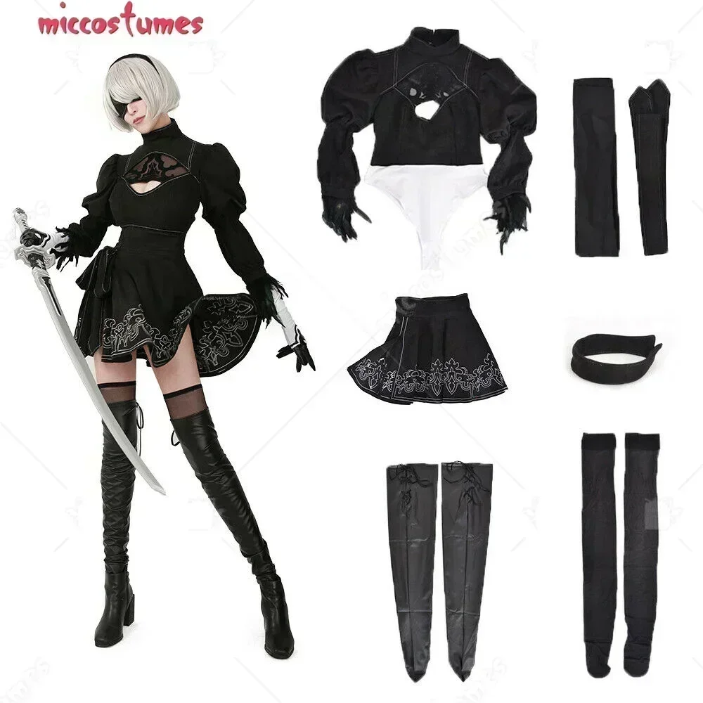 Miccostumes 24Hours Shipping Women's 2B Cosplay Costume Leotard Skirt with Hairband Leggings and Wig Halloween Cosplay Costume 1