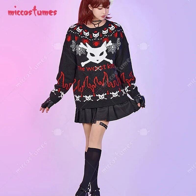 Women Christmas Gothic Knitted Sweater Cat Head Pattern Crew Neck Pullover Knitwear 1