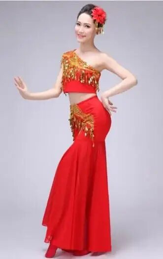 New Chinese Traditional Dress Girls Women Dai National Folk Fan Dance Costume Long Mermaid Peacock Dance Costume Dress 11