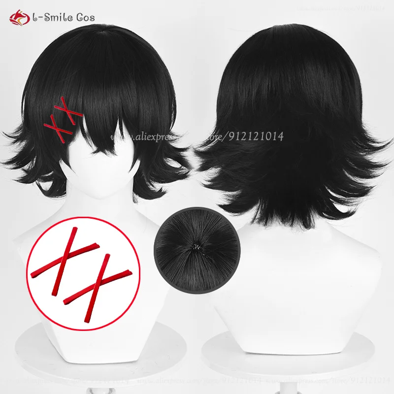 Anime Juzo Suzuya Cosplay Wig 35cm Short Black Wigs With Red Hairpin Heat Resistant Synthetic Hair Halloween Wig + Wig Cap 1