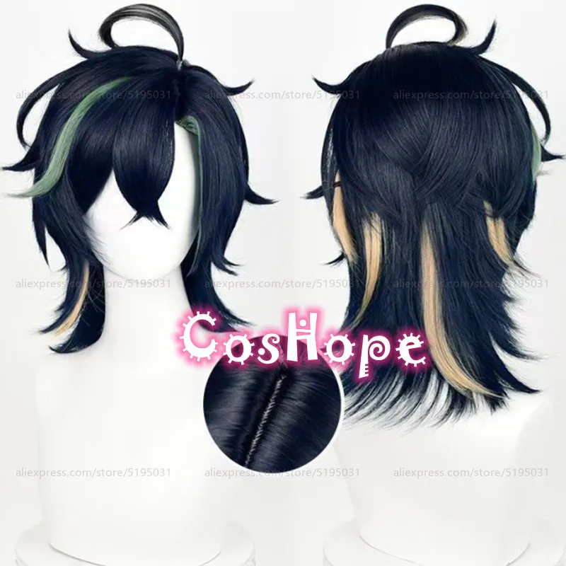 Kinich Cosplay Wig 35cm Short Braided Hair Black Green Golden Highlights Wig Cosplay Anime Heat Resistant Synthetic Wigs 1