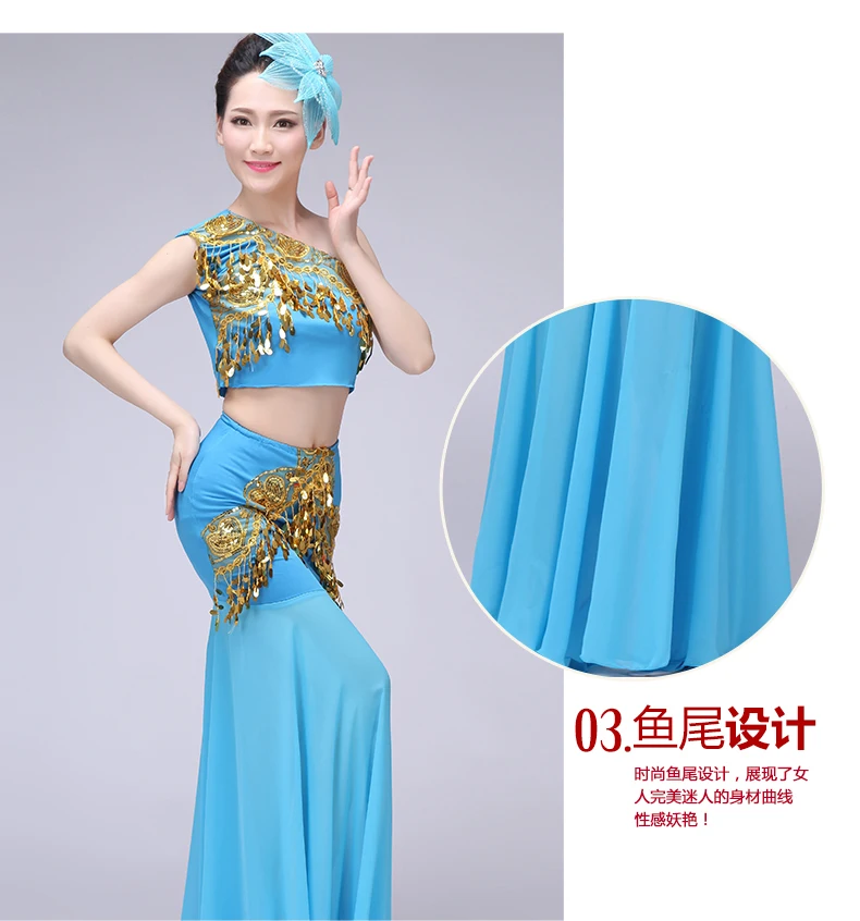 Chinesisches traditionelles Kleid für Mädchen und Frauen - Dai National Folk Fan Dance Kostüm - Langes Meerjungfrauen Pfauentanz-Kostüm 5 New Chinese Traditional Dress Girls Women Dai National Folk Fan Dance Costume Long Mermaid Peacock Dance Costume Dress 5