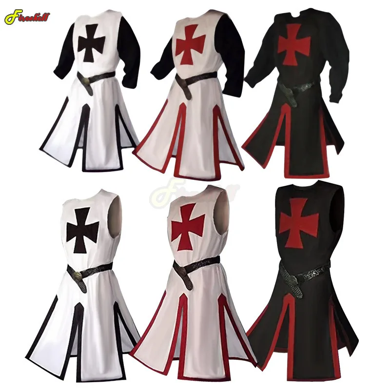 Plus Size Men Medieval Cosplay Robes Templar Knight Crusader Surcoat Long Sleeve Short Sleeve Mens Tops Reenactment Costume 1