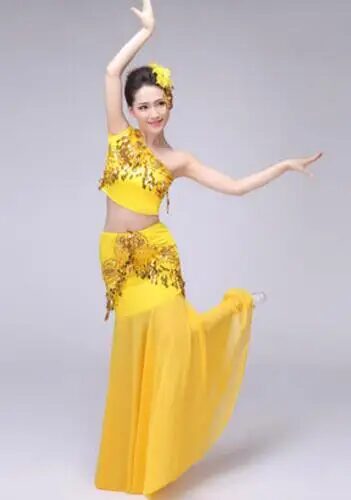New Chinese Traditional Dress Girls Women Dai National Folk Fan Dance Costume Long Mermaid Peacock Dance Costume Dress 10