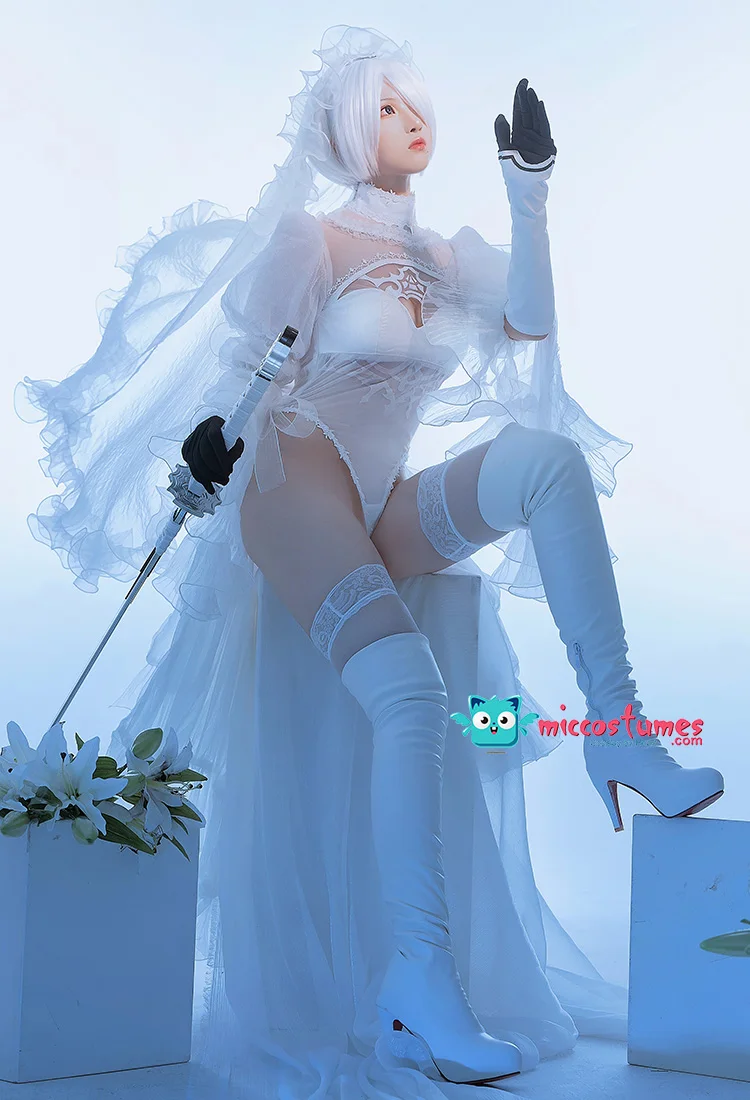 2B Hochzeitskleid Cosplay Kostüm mit Schleier und Handschuhen für Frauen Braut Cosplay 2