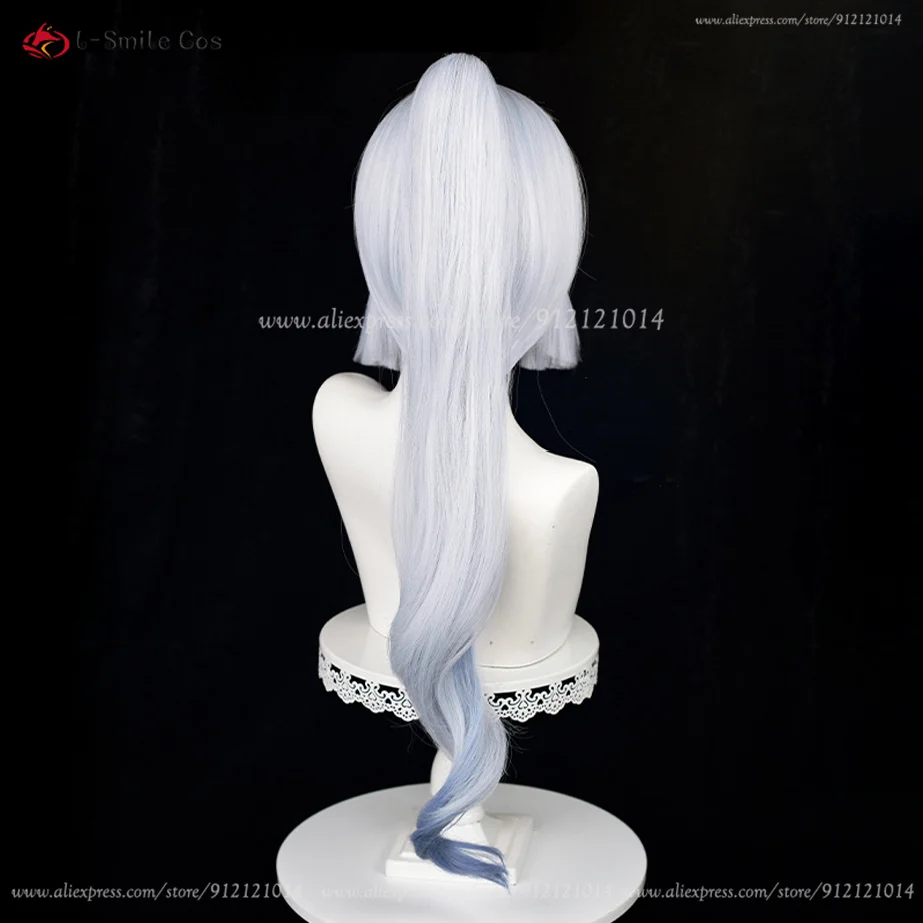 Kamisato Ayaka Cosplay Perücke 75cm lang Silber Blau mit Zopf Hitzebeständige Synthetikhaar Perücke Cosplay Kostüm 14