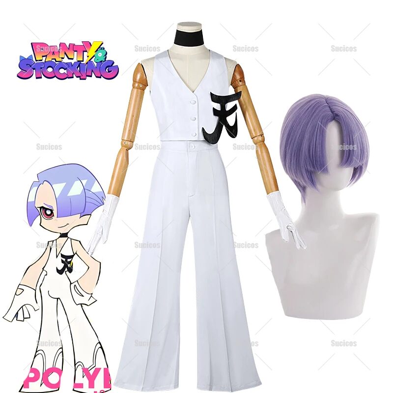 Anime New Panty & Stocking Polyester Cosplay Costume Wig White Uniform Gloves Women Men Halloween Roleplay Conventions Costumes 1